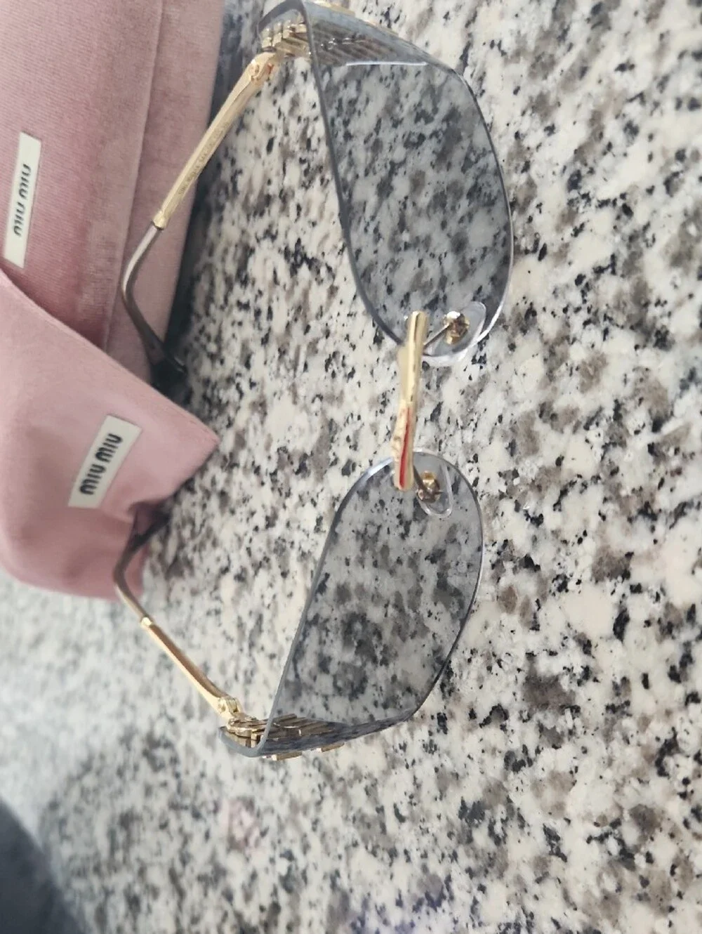 Miu Miu Gold and Black Rimless Sunglasses with Pink Velvet Case